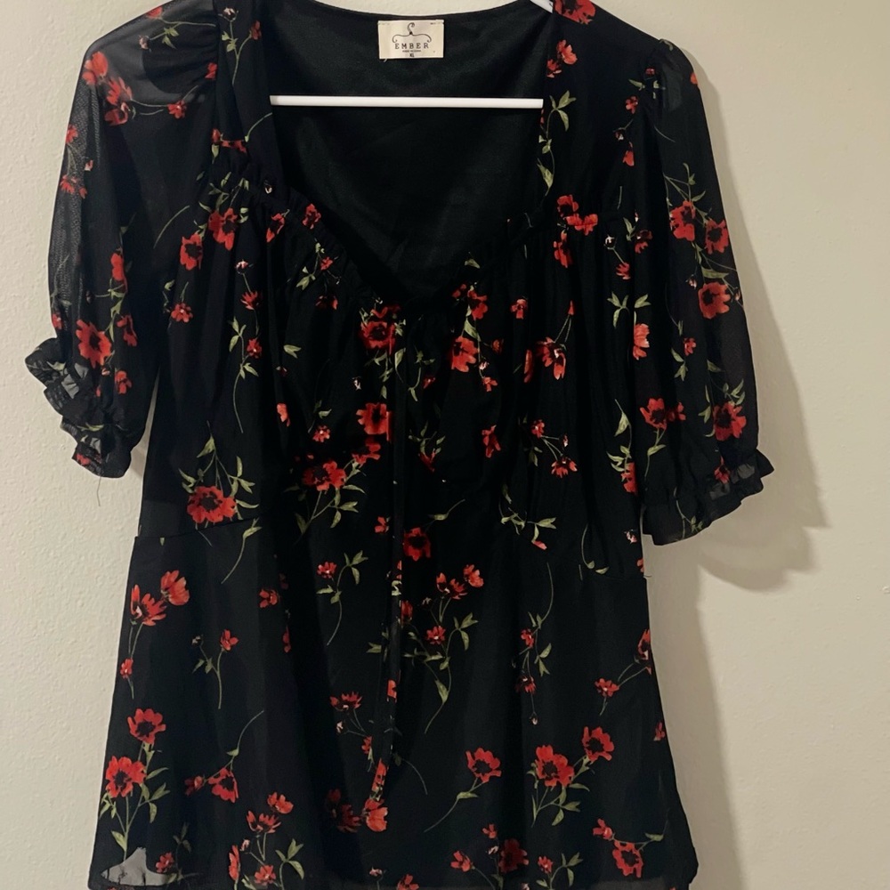 a new day Black Midi Dress with Red Floral Print